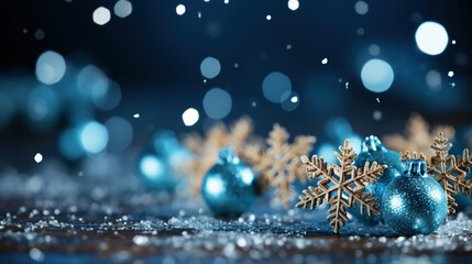 Celebration with Christmas Balls Snow Flacks Blue Sparkie Lights Defocused Background Image - obrazy, fototapety, plakaty