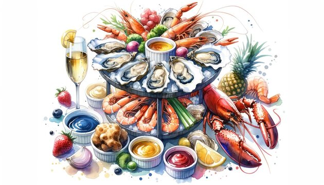 Seafood tower featuring oysters, lobster tails, and shrimp, accompanied by a variety of dipping sauces.