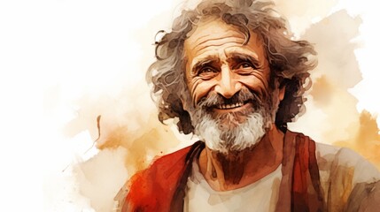 Smiling Old Persian Man with Brown Curly Hair Watercolor Illustration. Portrait of Casual Person on white background with copy space. Photorealistic Ai Generated Horizontal Illustration.