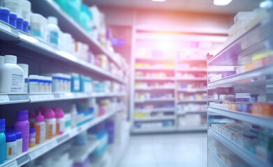 Blurred background of a drugstore with defocused lights.