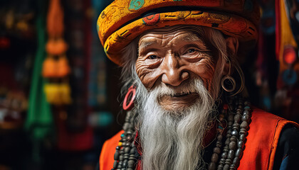Old Asian pensioner in traditional costume - obrazy, fototapety, plakaty