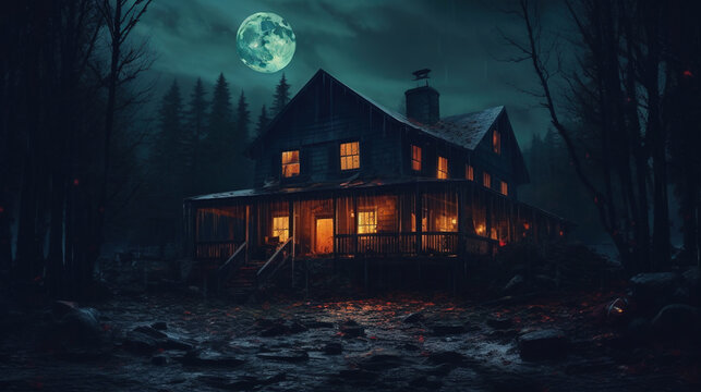 Dramatic A Haunting Gothic Horror of an Abandoned House in Forest Moon in Foggy Dark Background