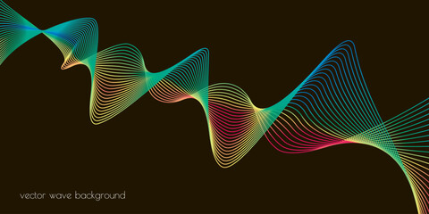 Vector futuristic modern background. Wavy lines of blue, green, red, yellow colours on black background. Concept of business, digital technology, science, music.