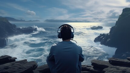 Backpacker enjoying the view of a beautiful beach generative ai