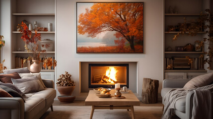 winter interior, winter fireplace fire, Christmas fireplace, winter holidays concept, chrismas symbol, concept cozy room