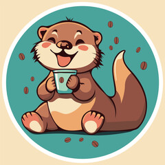 Sticker, otter sitting with a cup of coffee