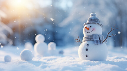 Obraz premium Cute snowman on the right side, a lot of snow, blurry background, bokeh, place for text.