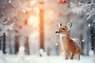 Elegant reindeer against snowy winter forest background. greeting card
