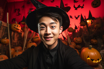 Generative ai image of happy smiling man celebrating halloween dark mysterious night