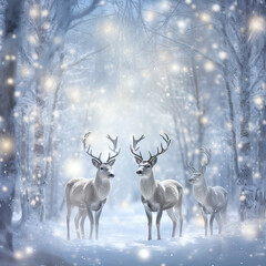 Group of Elegant reindeers against snowy winter forest background. greeting card