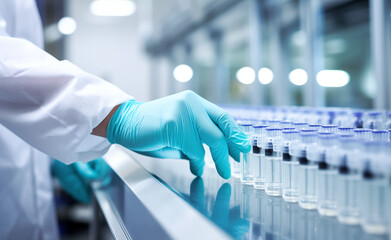 The hand of a pharmaceutical laboratory worker in hygienic gloves carefully checks medical vials