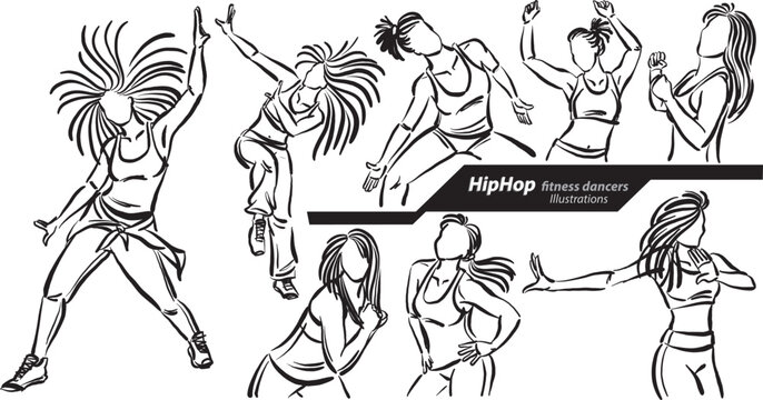 HipHop fitness dancers doodle design drawing vector illustration