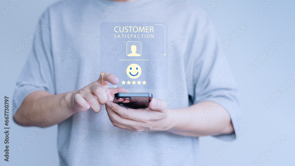 Poster customer using a smartphone give smile face icon for feedback review satisfaction service opinion an