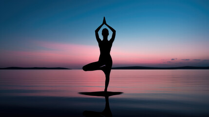 Silhouette of a person practicing yoga on sunset, blue sky with pink clouds is reflected in the calm water - Yoga Poses That Inspire Peace, Flexibility, and Mindfulness