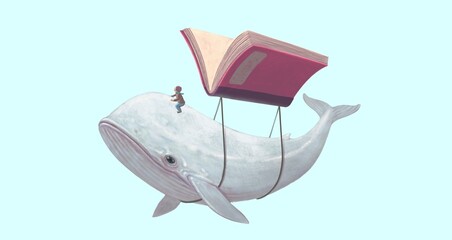 Education learning dream hope inspiration and freedom concept, boy with imagination book. surreal painting. Fantasy art, conceptual artwork, happiness of child , 3d illustration © Jorm Sangsorn