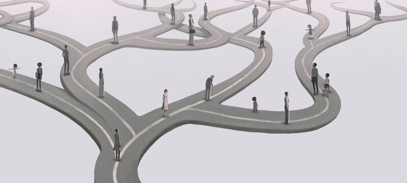 Concept art of  choice success hope decition way lost and ambition , surreal landscape painting,  people on floating road , artwork, conceptual 3d illustration, mystery scenery