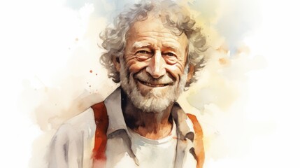 Smiling Old White Man with Brown Curly Hair Watercolor Illustration. Portrait of Casual Person on white background with copy space. Photorealistic Ai Generated Horizontal Illustration.
