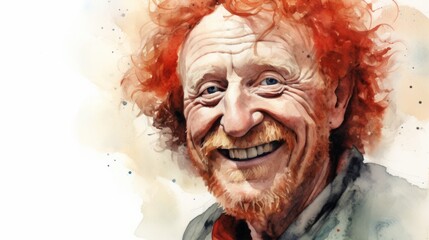 Smiling Old White Man with Red Curly Hair Watercolor Illustration. Portrait of Casual Person on white background with copy space. Photorealistic Ai Generated Horizontal Illustration.