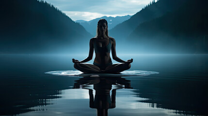 meditation in the lotus position, woman in sports bra meditating for chakra balance in a cinematic blue atmosphere, the calm of nature in the background, reflection in a screen of water - 667731750
