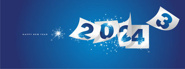 Happy new year 2024 and the end of 2023. Winter holiday greeting card design template on blue background. New year 2024 and the end of 2023 on white calendar sheets and sparkle firework - obrazy, fototapety, plakaty
