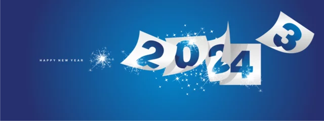 Fotobehang Happy new year 2024 and the end of 2023. Winter holiday greeting card design template on blue background. New year 2024 and the end of 2023 on white calendar sheets and sparkle firework © simbos