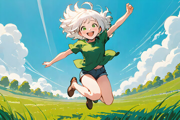 a girl jumping high with a big smile