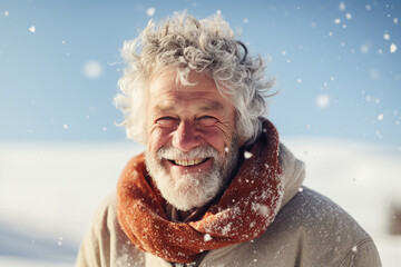 Generative AI picture of amazing winter scene elderly grandpa happily smiling living in mountains