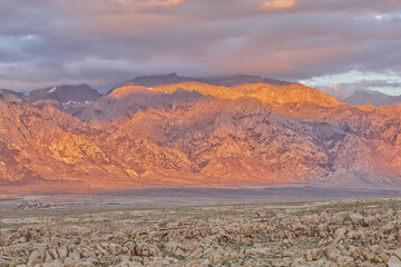 Eastern Sierra Nevada Mountains Illuminated in Early Morning Golden Hour Light from Alabama Hills