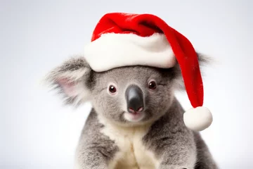 Fotobehang A koala wearing a father christmas festive hat. Cute holiday season animal © ink drop