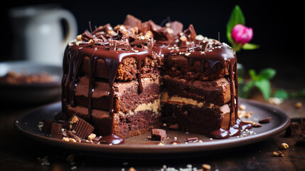 Melted Chocolate on Luxury Chocolate Cake with Chopped Dry Fruits on Wooden Table Top Defocused Background