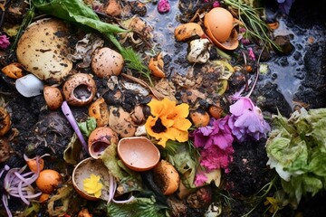 Detailed shot of decomposing organic matter in a compost bin. Generative AI