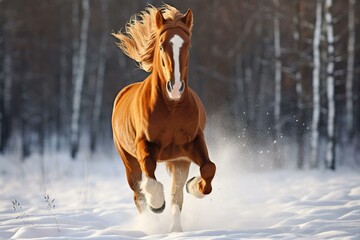 A chestnut horse running with a gallop in the winter. Generative AI - obrazy, fototapety, plakaty