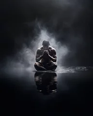 Foto op Canvas young man training martial arts and meditation, smoke emanating from his body, cinematic and dark atmosphere, super power, mental strength  © kiddsgn