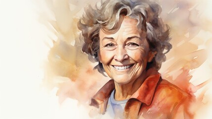 Smiling Old White Woman with Brown Curly Hair Watercolor Illustration. Portrait of Casual Person on white background with copy space. Photorealistic Ai Generated Horizontal Illustration.