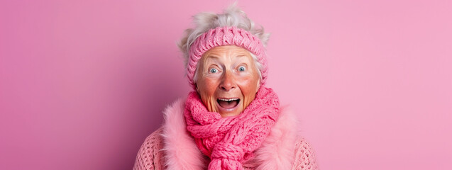 Excited eccentric elderly granny wearing knit sweater winter clothes and headband, pink background, surprised expression - obrazy, fototapety, plakaty