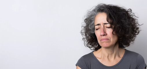Studio portrait of depressed and upset middle aged woman, close up with white background
