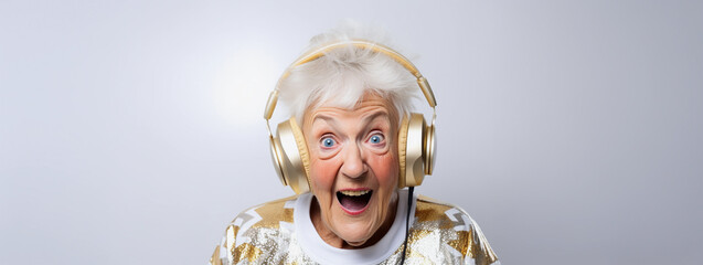 Excited elderly granny wearing gold headphones and sparkly festive holiday sweater listening to music for New Year's eve countdown celebration, amazed expression, gray background - obrazy, fototapety, plakaty