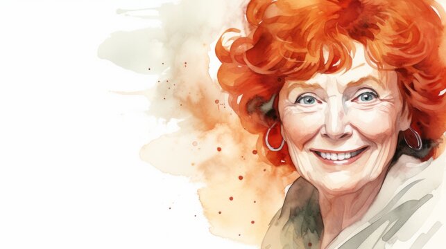 Smiling Old White Woman with Red Curly Hair Watercolor Illustration. Portrait of Casual Person on white background with copy space. Photorealistic Ai Generated Horizontal Illustration.