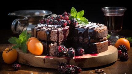 Luxury Chocolate Cake with Chopped Dry Fruits and Dripping Chocolate Syrup Selective Focus Background