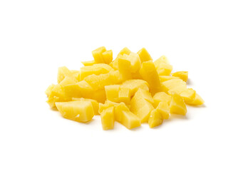 Diced Boiled Potato Pile Isolated, Chopped Potatoes, Cooked Cubed Potato on White - obrazy, fototapety, plakaty