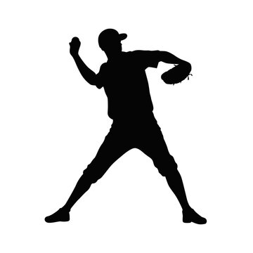 Baseball pitcher, mens' baseball pitcher throwing the curveball to the batter. Baseball player, vector silhouette of a baseball player