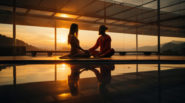 man and a woman sitting on the ground in modern temple at sunset, initiation to meditation, a moment of spirituality as a couple  - Powered by Adobe