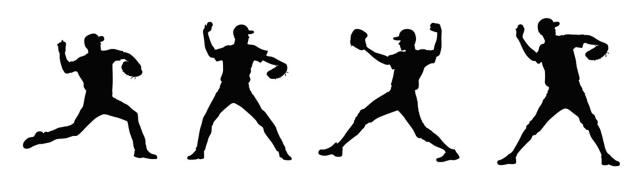 Baseball pitcher, mens' baseball pitcher throwing the curveball to the batter. Baseball player, vector silhouette of a baseball player