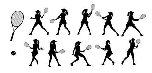 Tennis silhouettes, tennis player sports person in silhouette, tennis woman in match champion