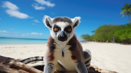 Obraz premium madagascar beach with a curious lemur generative ai