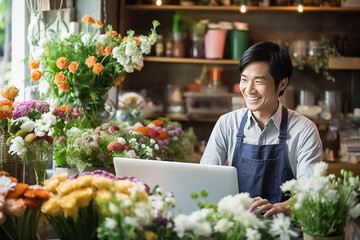 A Happy smiling Asian people in a green apron preparing and using a tablet a flower vase for customers in a flower shop full of various flowers and plants. Generative AI.
