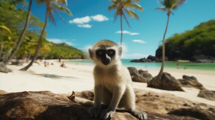 Fototapeta premium madagascar beach with a curious lemur generative ai