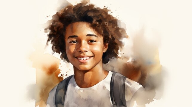 Smiling Teen Black Man with Brown Curly Hair Watercolor Illustration. Portrait of Casual Person on white background with copy space. Photorealistic Ai Generated Horizontal Illustration.