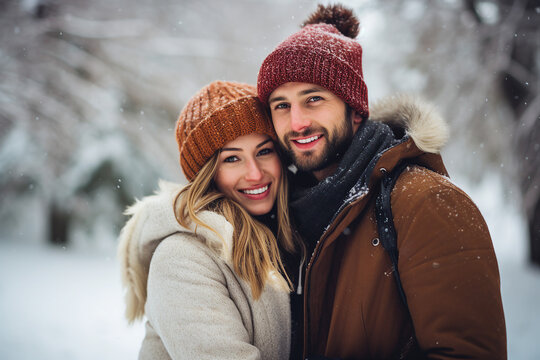 Generative AI image of happy cute beautiful hugging couple walking in winter park snowy frosty cold day