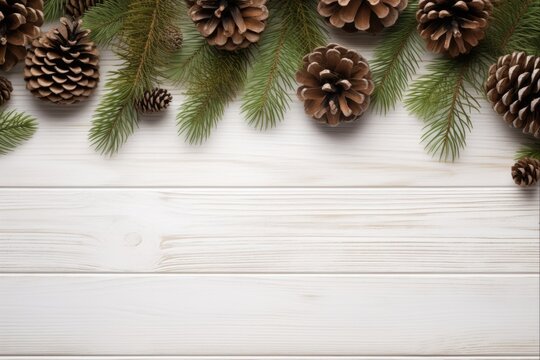 Christmas Flat Lay: Festive Fir Tree and Pine Cones on White Wood Board. Creative Top View Design for Winter Table Decoration